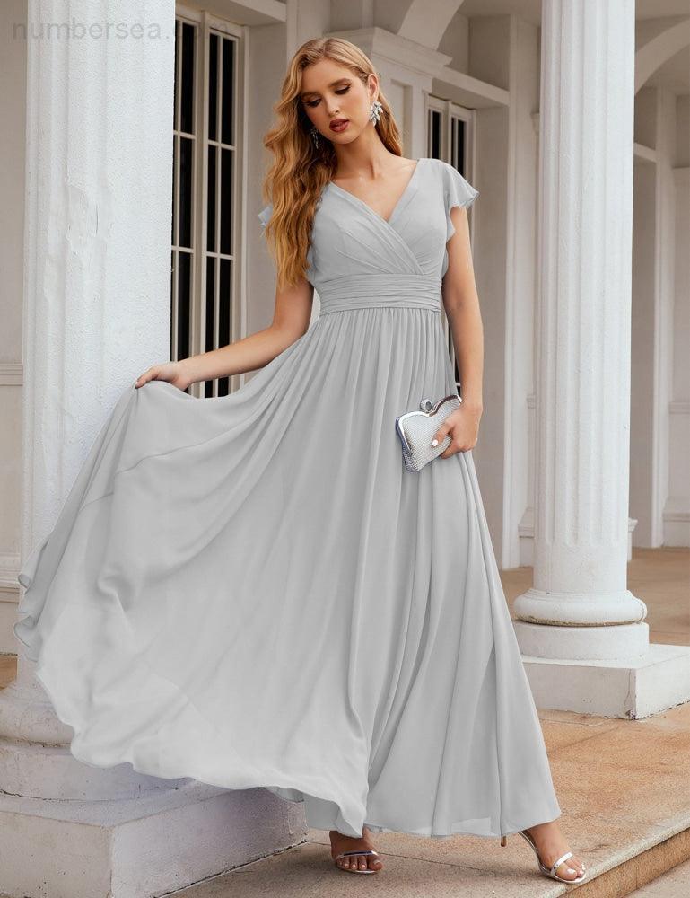 Numbersea V-Neck Bridesmaid Dress Floor Length Backless Formal Evening Dress 28024-numbersea
