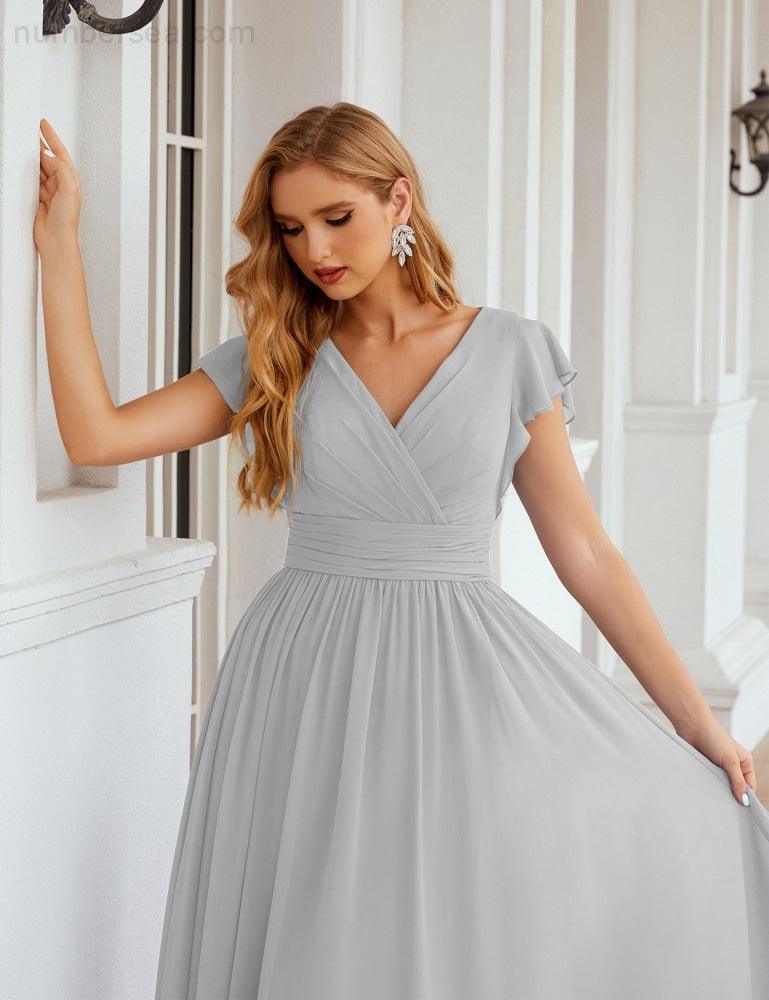 Numbersea V-Neck Bridesmaid Dress Floor Length Backless Formal Evening Dress 28024-numbersea