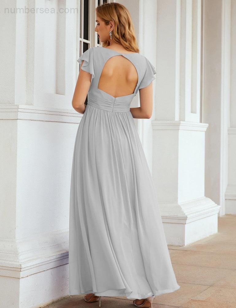 Numbersea V-Neck Bridesmaid Dress Floor Length Backless Formal Evening Dress 28024-numbersea