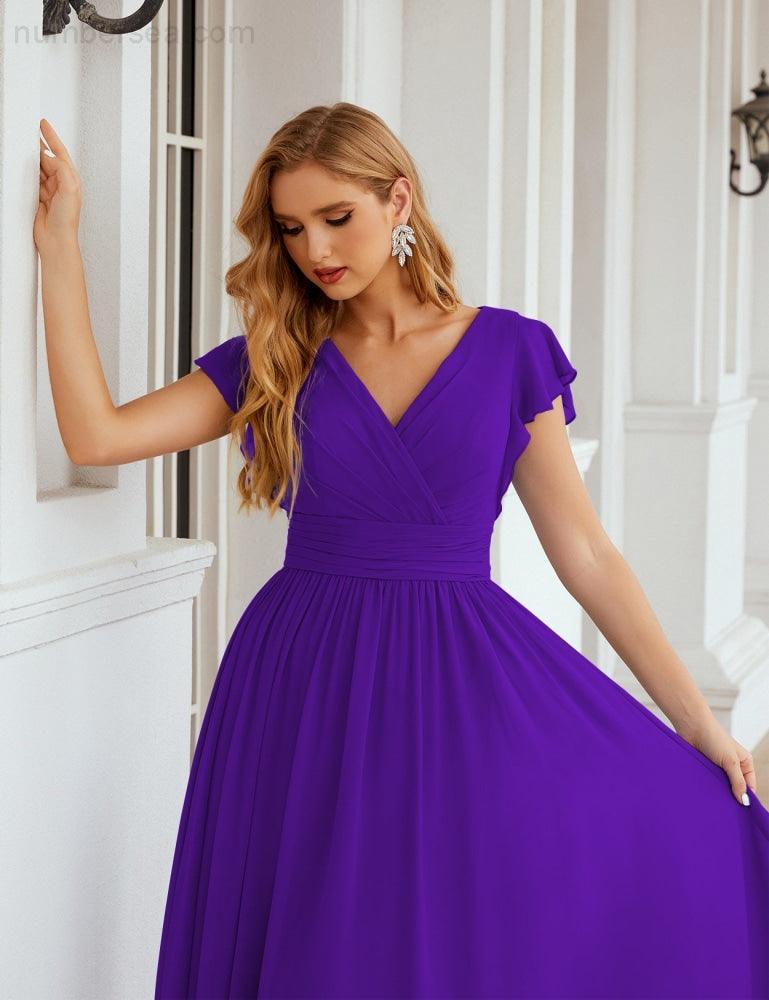 Numbersea V-Neck Bridesmaid Dress Floor Length Backless Formal Evening Dress 28024-numbersea