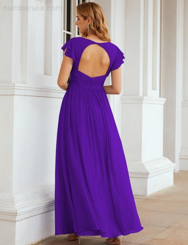 Numbersea V-Neck Bridesmaid Dress Floor Length Backless Formal Evening Dress 28024-numbersea