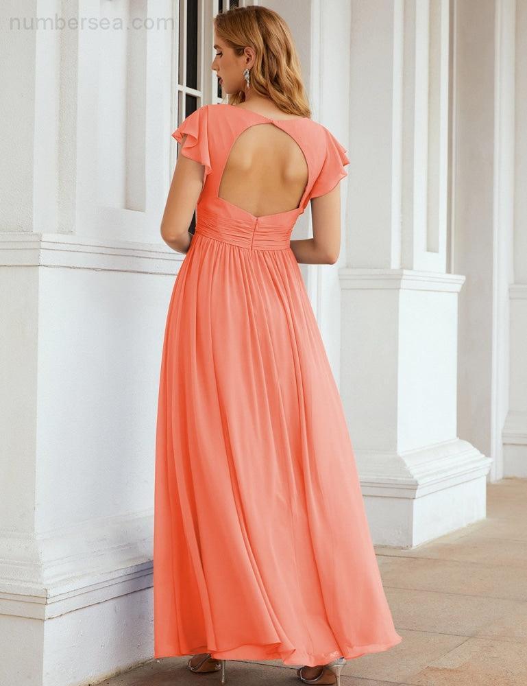 Numbersea V-Neck Bridesmaid Dress Floor Length Backless Formal Evening Dress 28024-numbersea