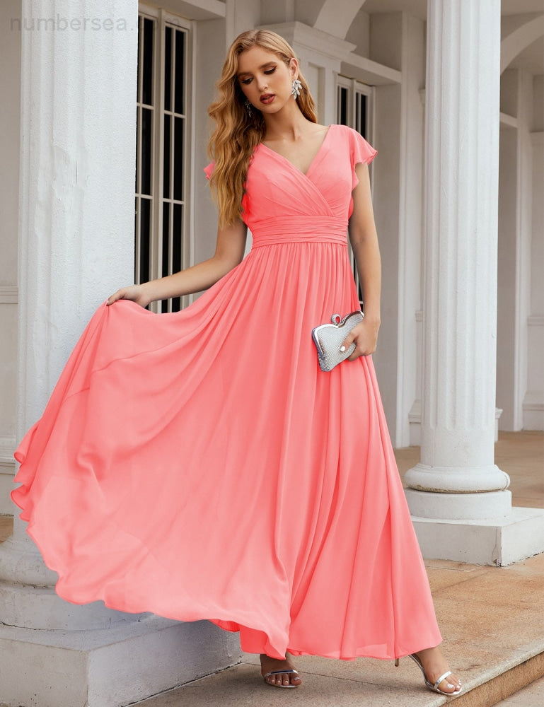 Numbersea V-Neck Bridesmaid Dress Floor Length Backless Formal Evening Dress 28024-numbersea