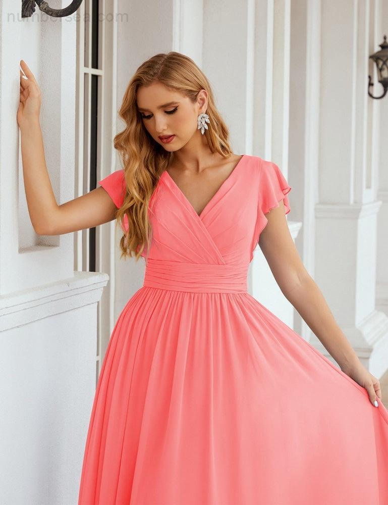 Numbersea V-Neck Bridesmaid Dress Floor Length Backless Formal Evening Dress 28024-numbersea