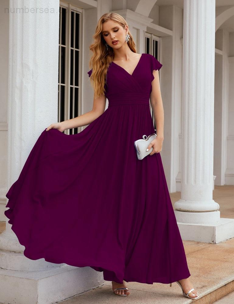 Numbersea V-Neck Bridesmaid Dress Floor Length Backless Formal Evening Dress 28024-numbersea