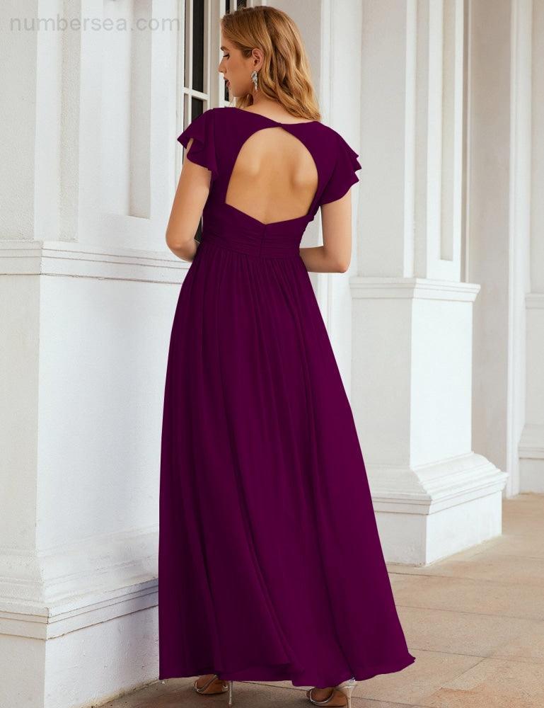 Numbersea V-Neck Bridesmaid Dress Floor Length Backless Formal Evening Dress 28024-numbersea