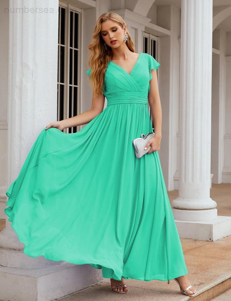 Numbersea V-Neck Bridesmaid Dress Floor Length Backless Formal Evening Dress 28024-numbersea