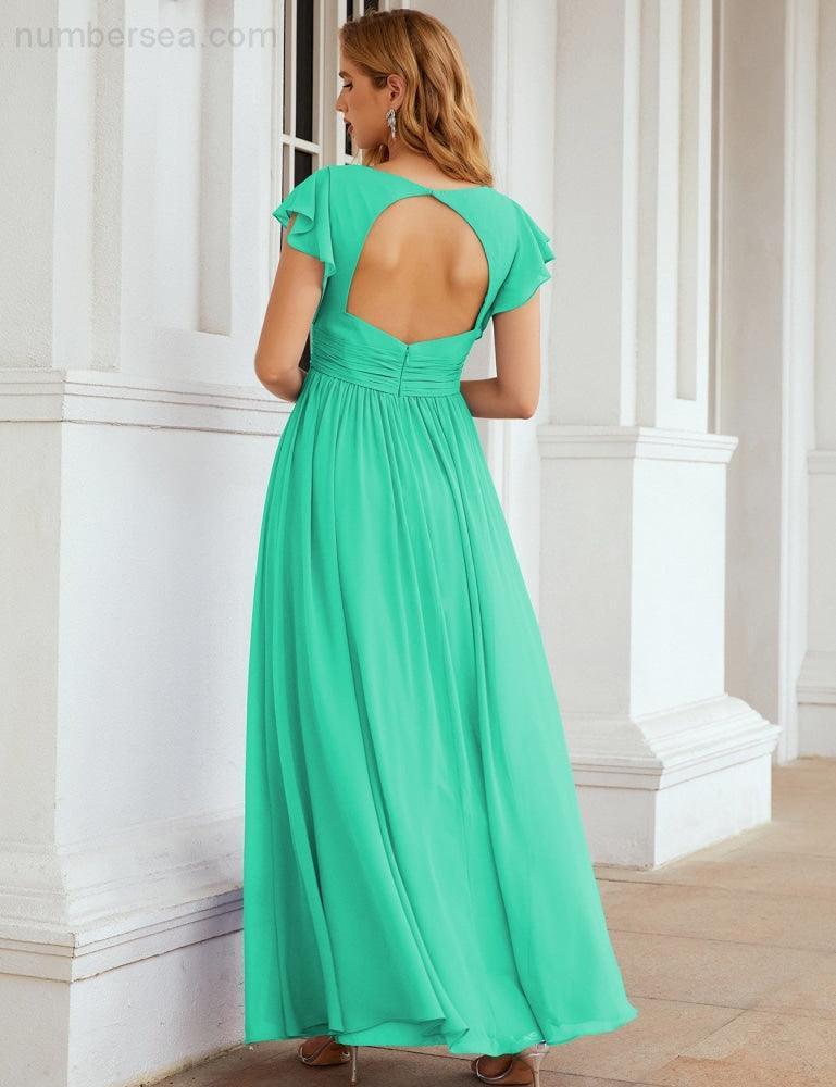 Numbersea V-Neck Bridesmaid Dress Floor Length Backless Formal Evening Dress 28024-numbersea