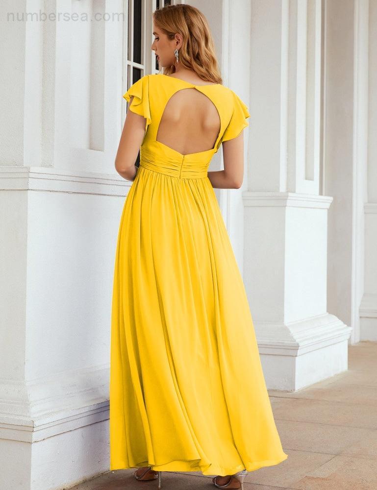 Numbersea V-Neck Bridesmaid Dress Floor Length Backless Formal Evening Dress 28024-numbersea