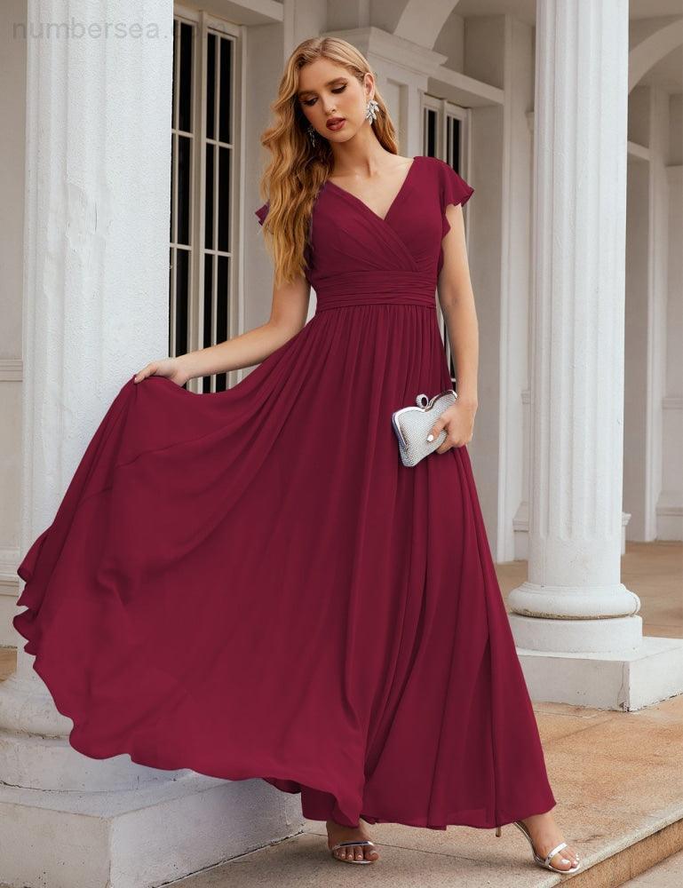 Numbersea V-Neck Bridesmaid Dress Floor Length Backless Formal Evening Dress 28024-numbersea
