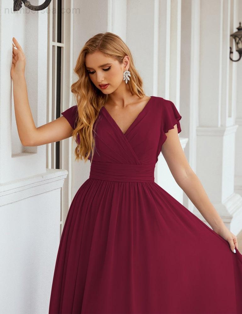 Numbersea V-Neck Bridesmaid Dress Floor Length Backless Formal Evening Dress 28024-numbersea