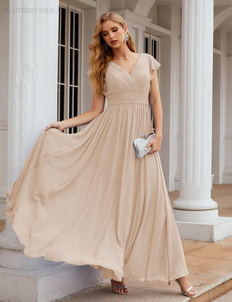 Numbersea V-Neck Bridesmaid Dress Floor Length Backless Formal Evening Dress 28024-numbersea