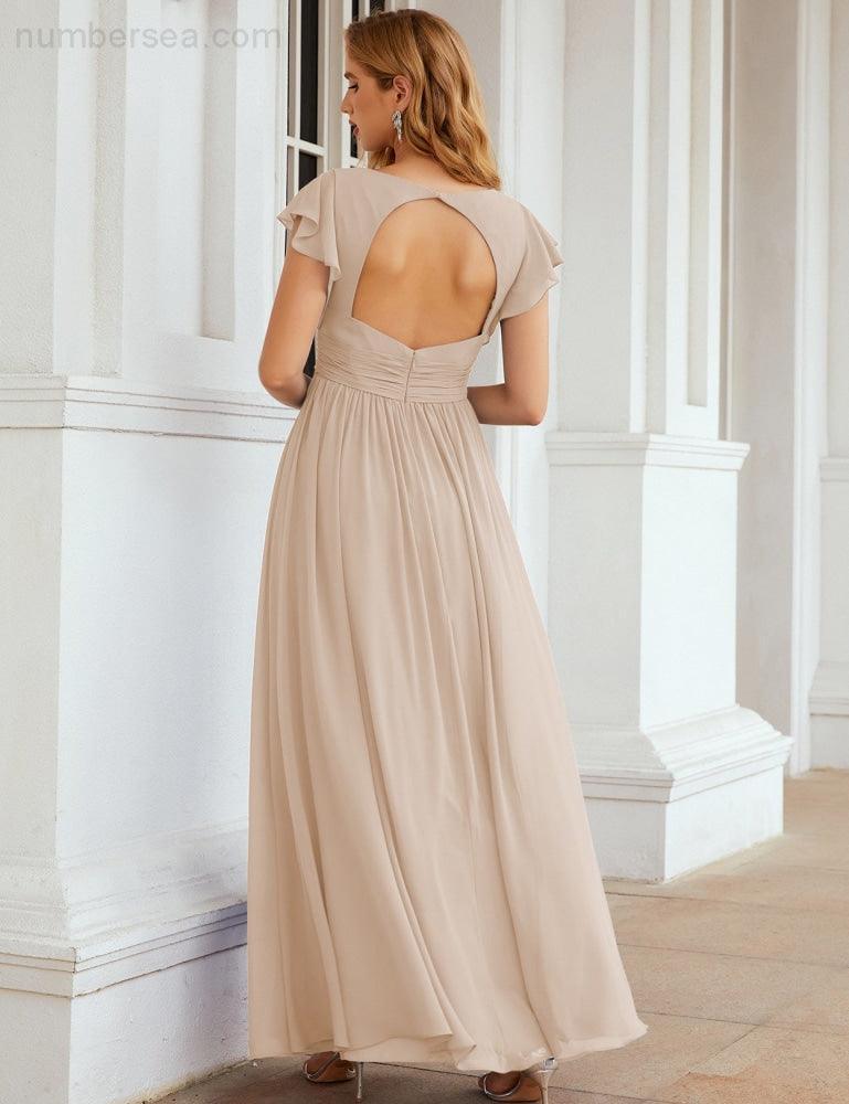 Numbersea V-Neck Bridesmaid Dress Floor Length Backless Formal Evening Dress 28024-numbersea