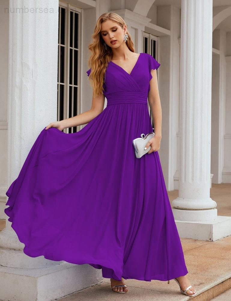 Numbersea V-Neck Bridesmaid Dress Floor Length Backless Formal Evening Dress 28024-numbersea