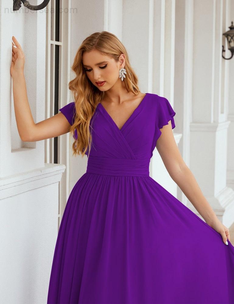 Numbersea V-Neck Bridesmaid Dress Floor Length Backless Formal Evening Dress 28024-numbersea