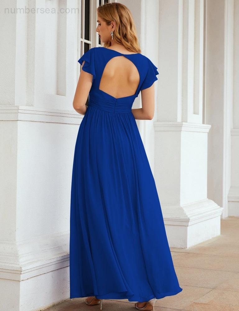 Numbersea V-Neck Bridesmaid Dress Floor Length Backless Formal Evening Dress 28024-numbersea