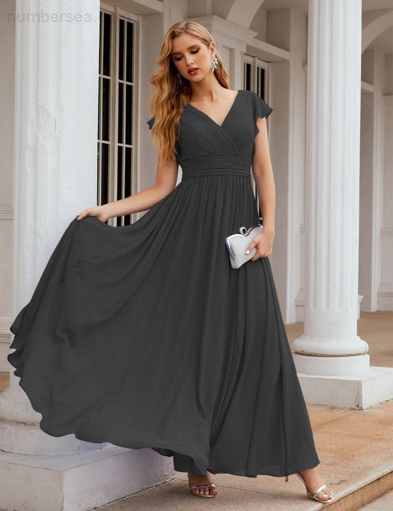 Numbersea V-Neck Bridesmaid Dress Floor Length Backless Formal Evening Dress 28024-numbersea