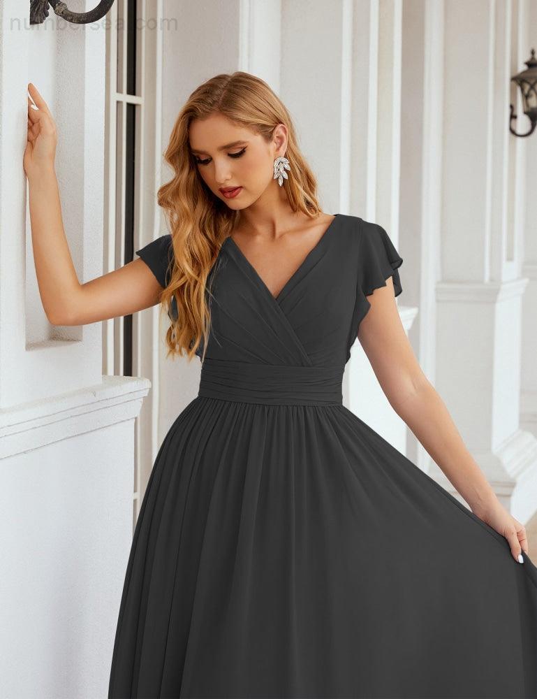 Numbersea V-Neck Bridesmaid Dress Floor Length Backless Formal Evening Dress 28024-numbersea