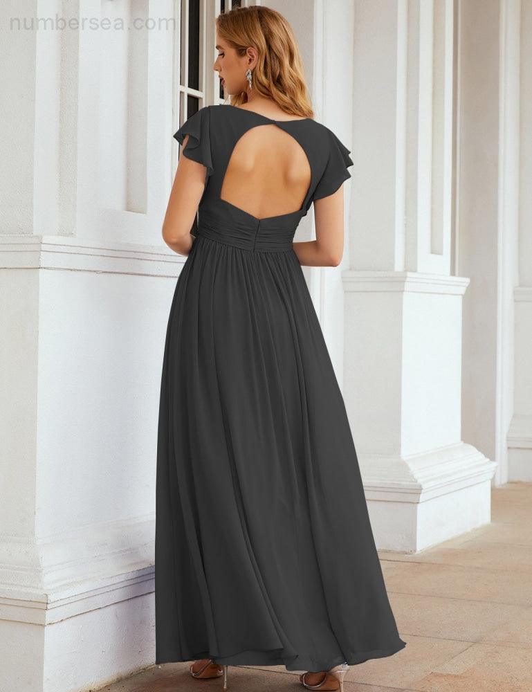 Numbersea V-Neck Bridesmaid Dress Floor Length Backless Formal Evening Dress 28024-numbersea