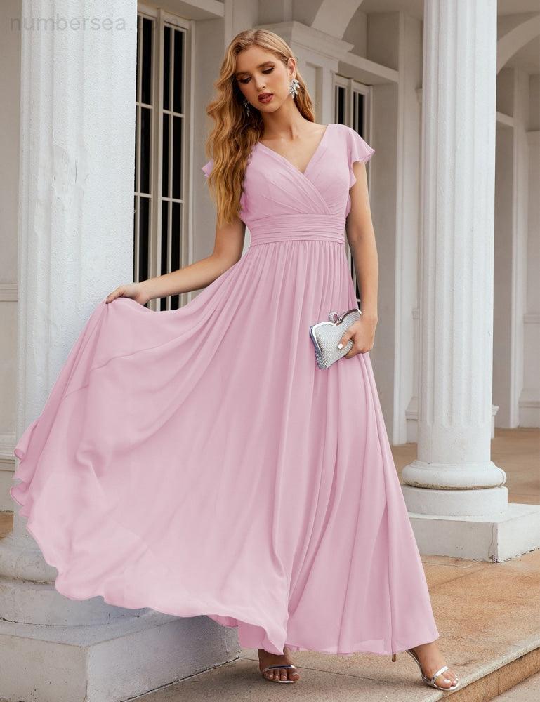 Numbersea V-Neck Bridesmaid Dress Floor Length Backless Formal Evening Dress 28024-numbersea