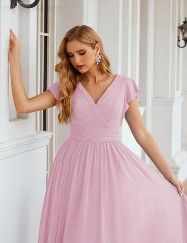 Numbersea V-Neck Bridesmaid Dress Floor Length Backless Formal Evening Dress 28024-numbersea