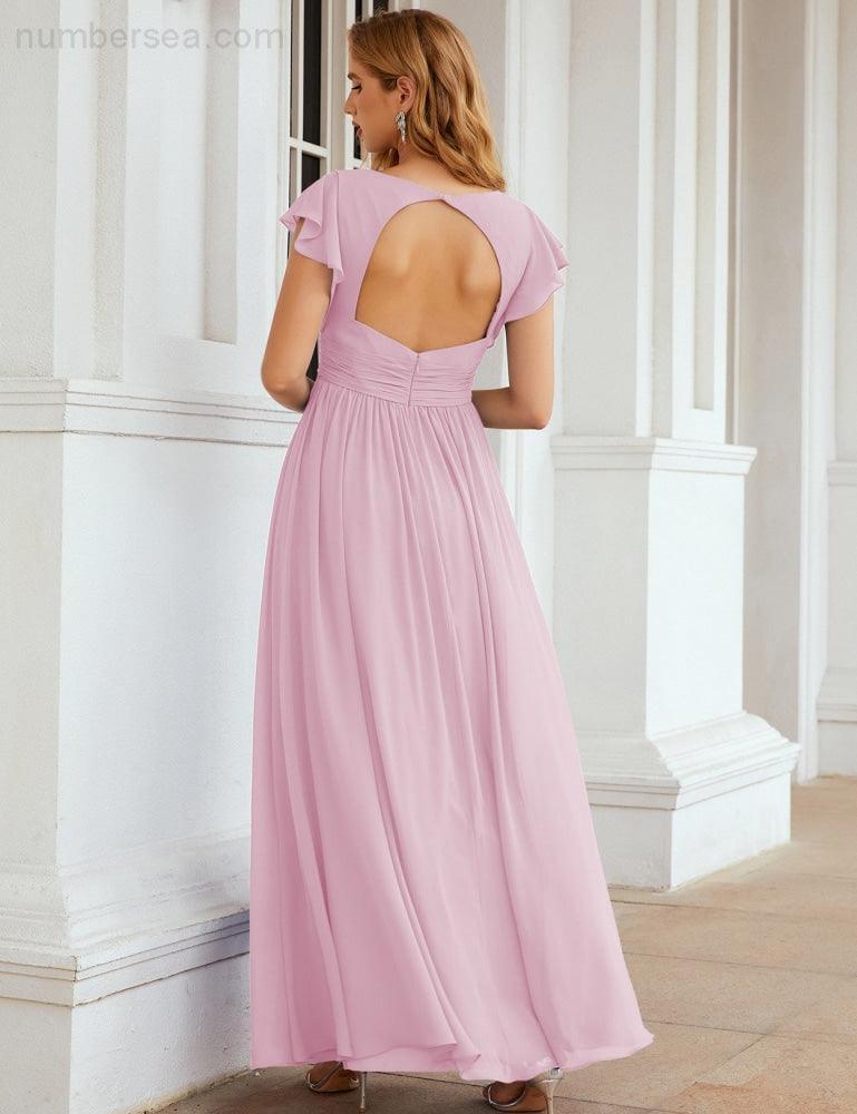 Numbersea V-Neck Bridesmaid Dress Floor Length Backless Formal Evening Dress 28024-numbersea