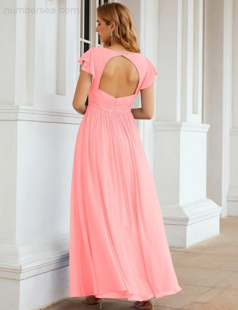 Numbersea V-Neck Bridesmaid Dress Floor Length Backless Formal Evening Dress 28024-numbersea