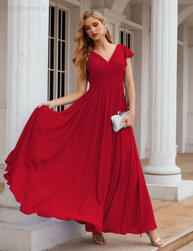 Numbersea V-Neck Bridesmaid Dress Floor Length Backless Formal Evening Dress 28024-numbersea
