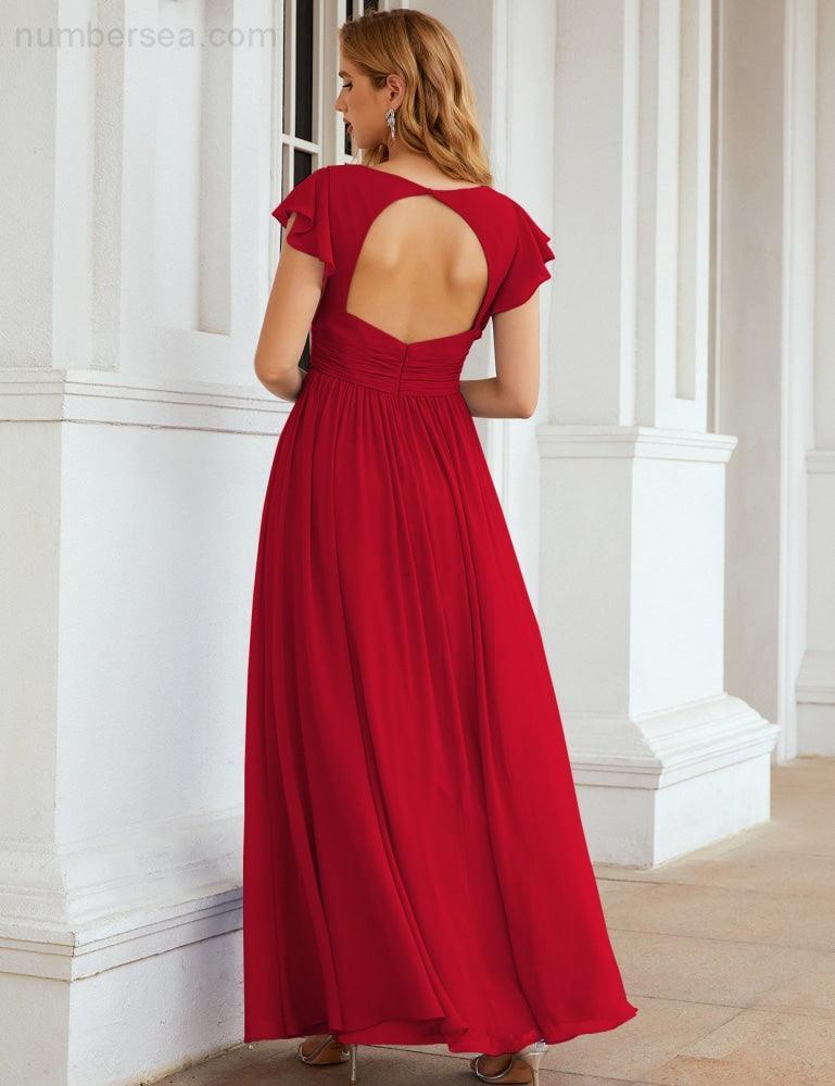 Numbersea V-Neck Bridesmaid Dress Floor Length Backless Formal Evening Dress 28024-numbersea