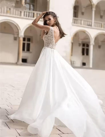 NumberSea Long Puff Sleeves Wedding Dress Lace And Chiffon A Line