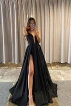 Classic Detachable A-Line V-Neck Black Tulle Prom Dress