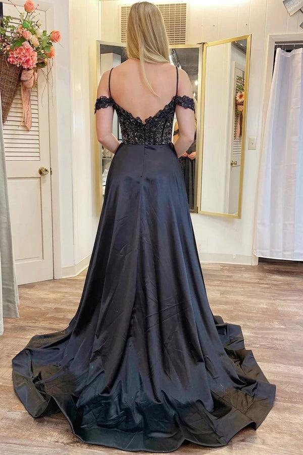 Schulterfreies, perlenbesetztes A-Linien-Abendkleid mit Schlitz und Taschen