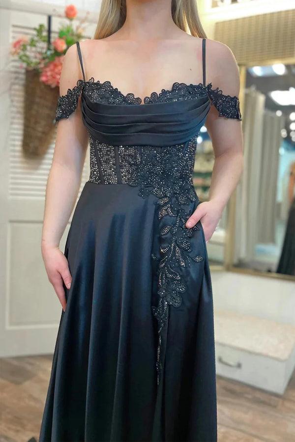 Schulterfreies, perlenbesetztes A-Linien-Abendkleid mit Schlitz und Taschen