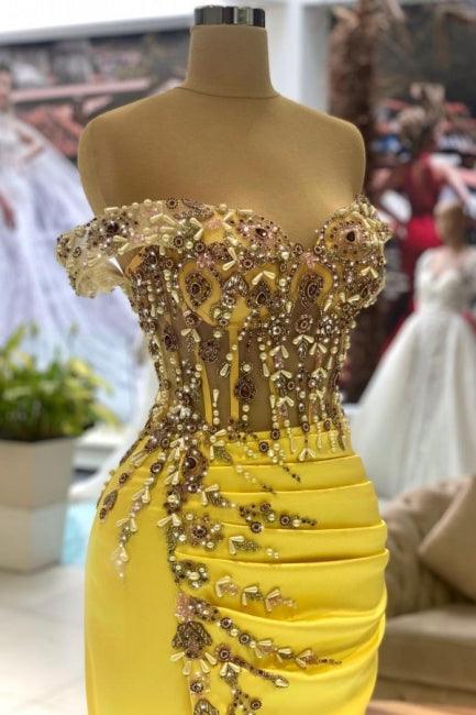 Säule Gelb Ärmellos Off-The-Shoulder Stain Bodenlang Sweetheart Ballkleider mit Perlenbesatz