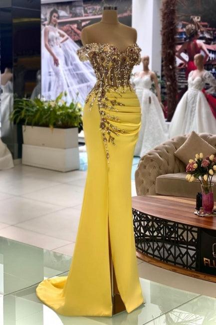 Säule Gelb Ärmellos Off-The-Shoulder Stain Bodenlang Sweetheart Ballkleider mit Perlenbesatz
