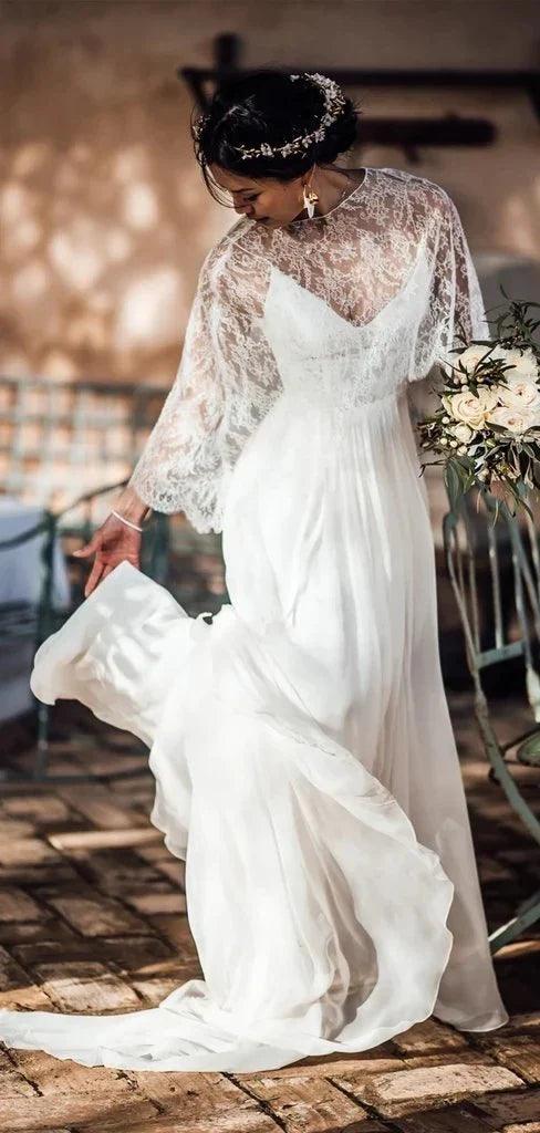 Vestidos de novia convertibles de dos piezas de encaje de gasa con tirantes finos para playa con abertura