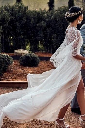 Vestidos de novia convertibles de dos piezas de encaje de gasa con tirantes finos para playa con abertura