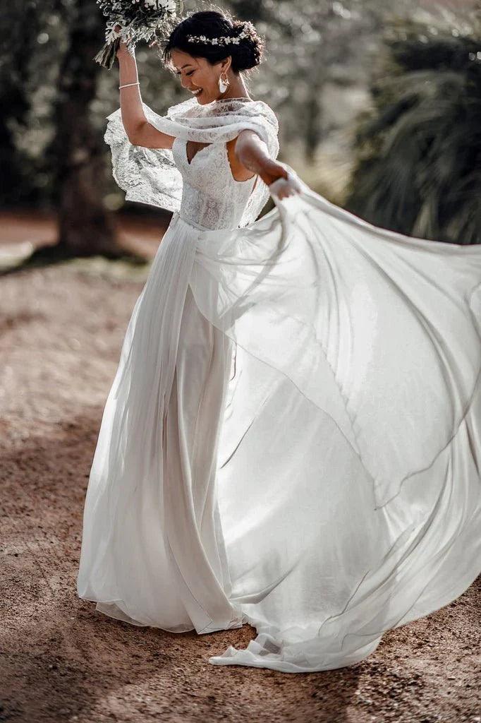 Vestidos de novia convertibles de dos piezas de encaje de gasa con tirantes finos para playa con abertura
