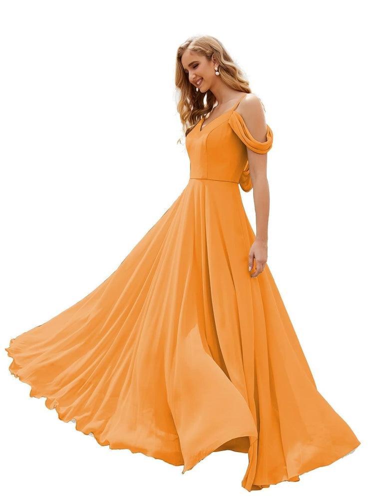 NumberSea - Numbersea Cold Shoulder Chiffon Bridesmaid Dresses Long Maxi Formal Prom Gowns for Women Party SEA28059