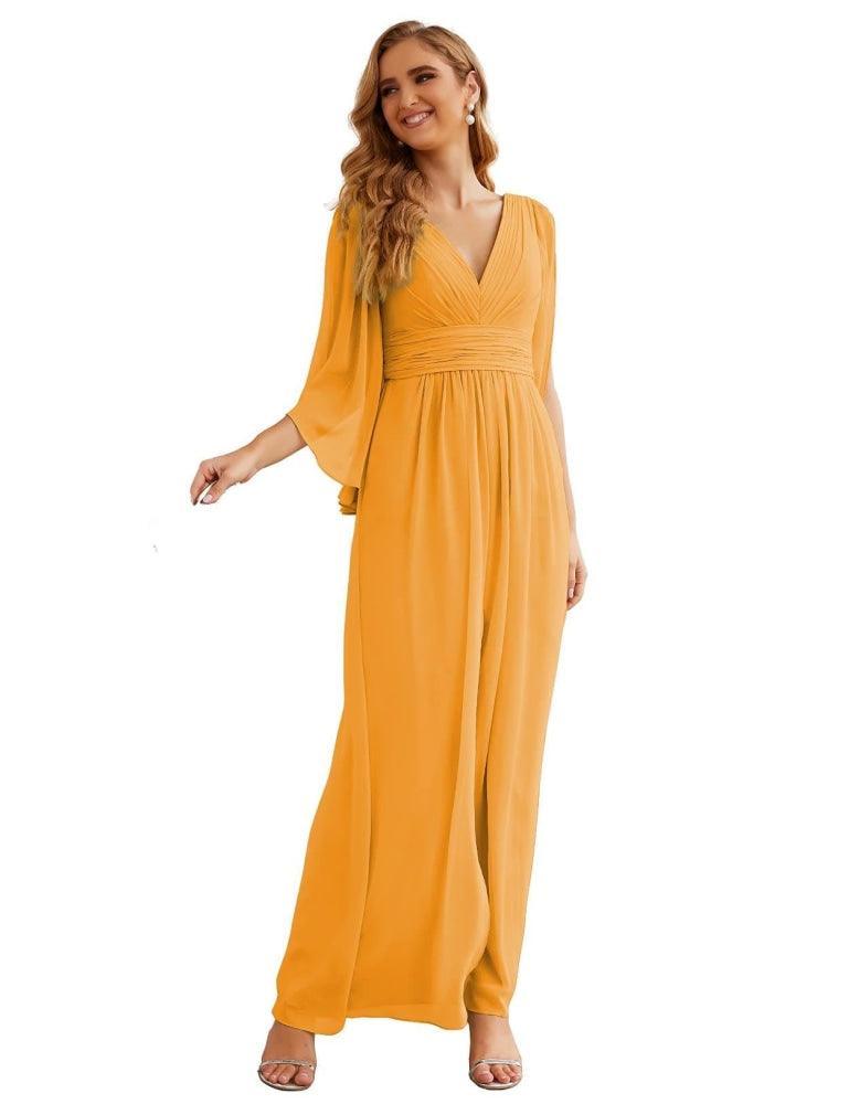 NumberSea - Numbersea Chiffon Bridesmaid Dresses with Split for Women Wedding Long Party Prom Gown Flutter Sleeve SEA28045