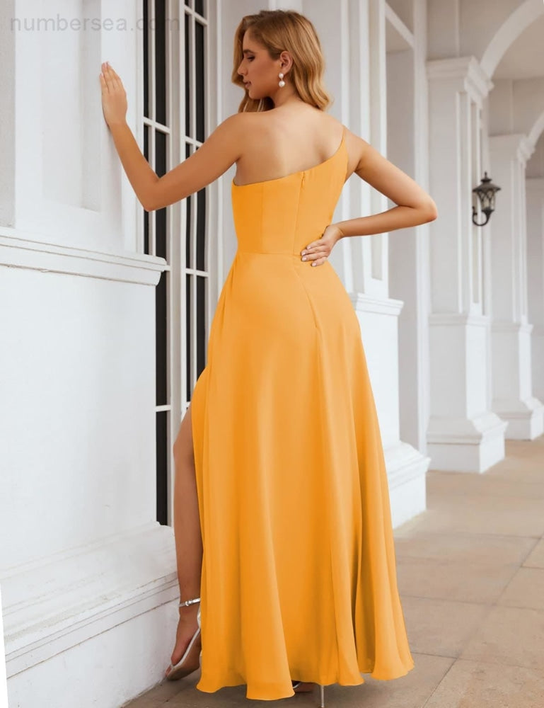 Numbersea One Shoulder Chiffon Bridesmaid Dresses Long Formal Homecoming Prom Gowns for Women Party Wedding Evening SEA28052-numbersea