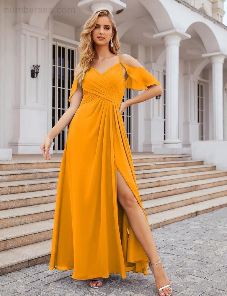 NumberSea - Numbersea Chiffon Cold Shoulder Long Bridesmaid Dresses Plus Size Formal Prom Gowns for Women Party Wedding SEA28070