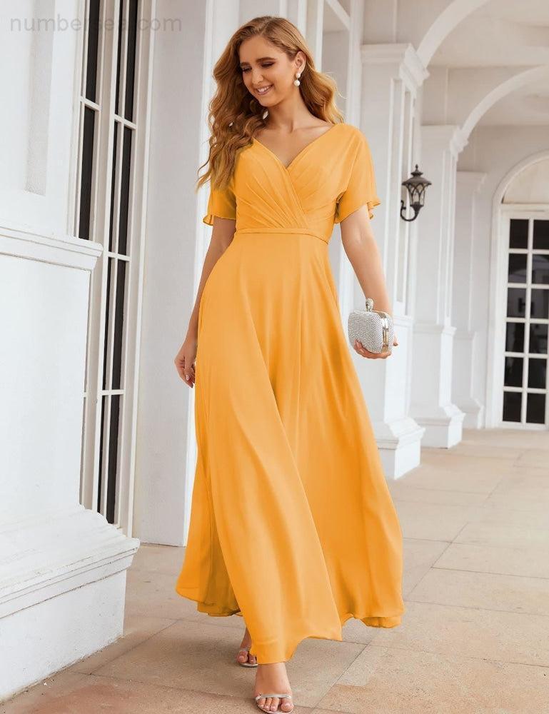 NumberSea - Numbersea Wrap V - Neck Chiffon Bridesmaid Dresses Long Formal Maxi Evening Gown for Wedding Guests SEA28049