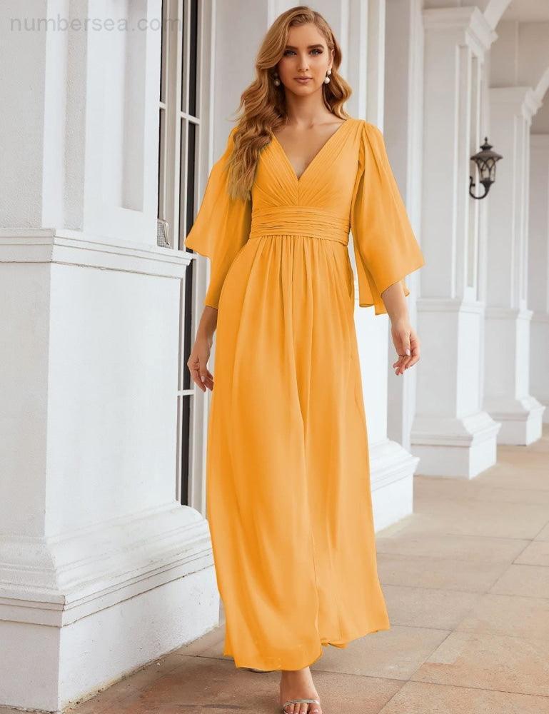 NumberSea - Numbersea Chiffon Bridesmaid Dresses with Split for Women Wedding Long Party Prom Gown Flutter Sleeve SEA28045