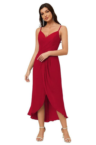 Numbersea Spaghetti Chiffon V Neck Bridesmaid Dress Mid-Length Slit Formal Prom Dress Homecoming Dress 2803-numbersea