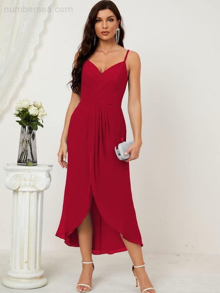 Numbersea Spaghetti Chiffon V Neck Bridesmaid Dress Mid-Length Slit Formal Prom Dress Homecoming Dress 2803-numbersea