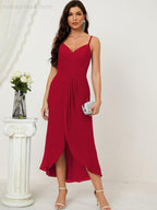 Numbersea Spaghetti Chiffon V Neck Bridesmaid Dress Mid-Length Slit Formal Prom Dress Homecoming Dress 2803-numbersea