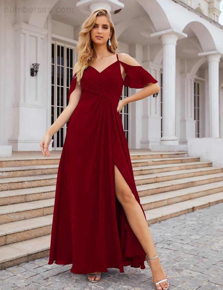 NumberSea - Numbersea Chiffon Cold Shoulder Long Bridesmaid Dresses Plus Size Formal Prom Gowns for Women Party Wedding SEA28070