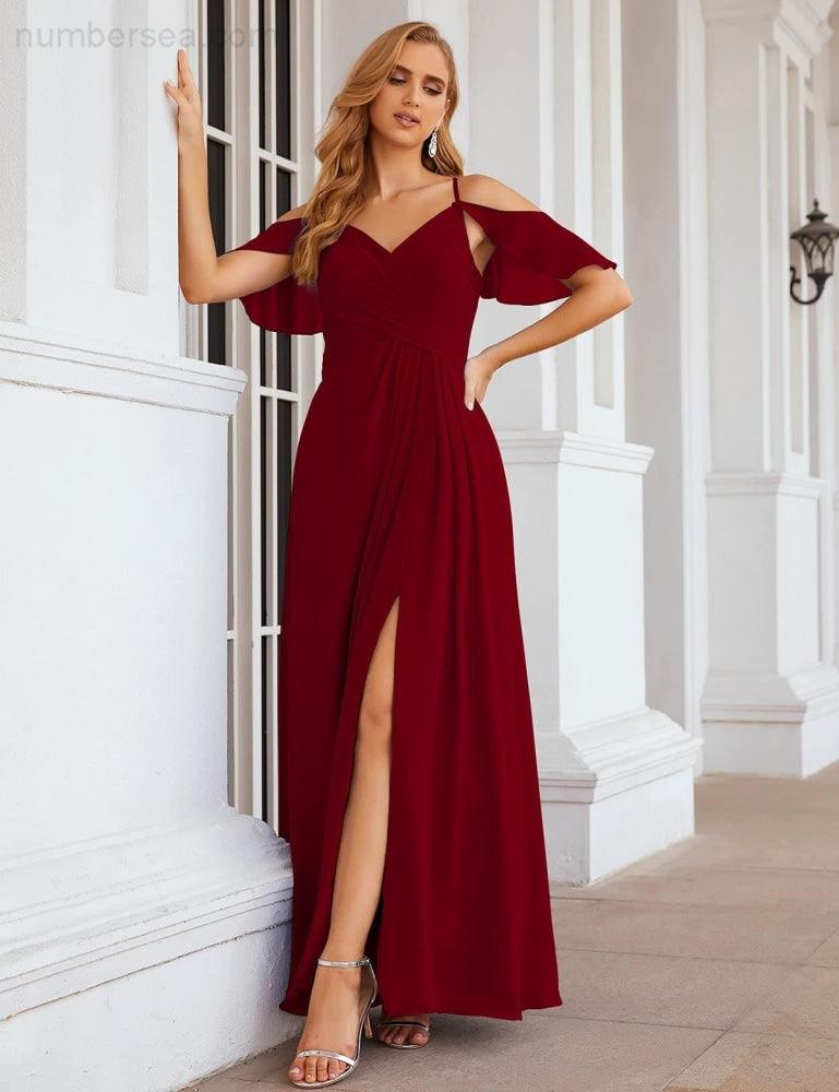 NumberSea - Numbersea Chiffon Cold Shoulder Long Bridesmaid Dresses Plus Size Formal Prom Gowns for Women Party Wedding SEA28070