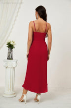 Numbersea Spaghetti Chiffon V Neck Bridesmaid Dress Mid-Length Slit Formal Prom Dress Homecoming Dress 2803-numbersea